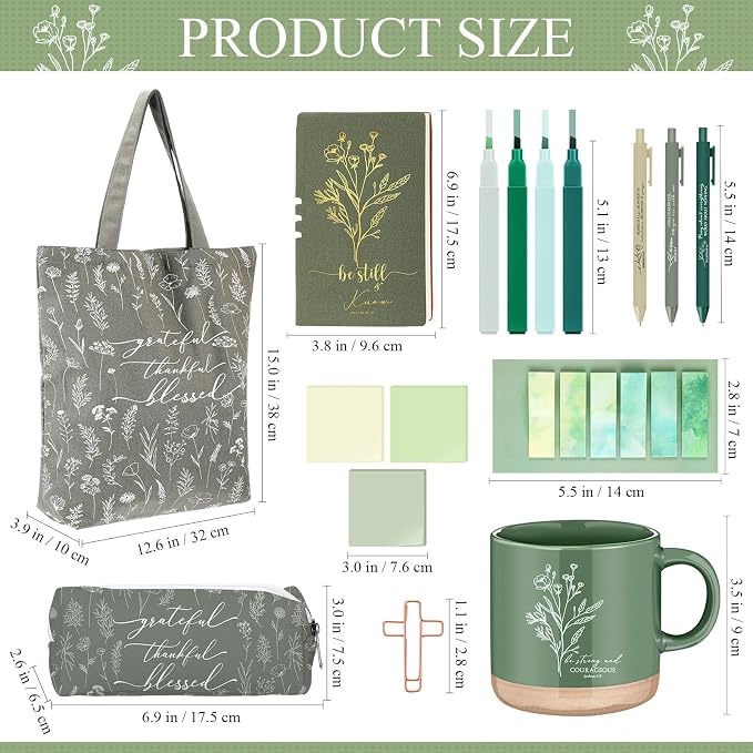 Reallnaive 25 Pcs Bible Study Kit for Women, Christian Gift with Notebook Mug Tote Bag Pouch Pen Highlighters Bible Journaling Supplies for Teen Girl, Teacher, Back to School, Church, Green