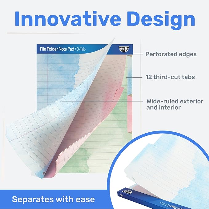 Find It File Folder Notepad 12-Ct 3rd-Cut Tab Organizer Folders, Watercolor | Wide-ruled clipboard-style pages, front and back ruled, perforated tear-out sheets, office and school filing organization