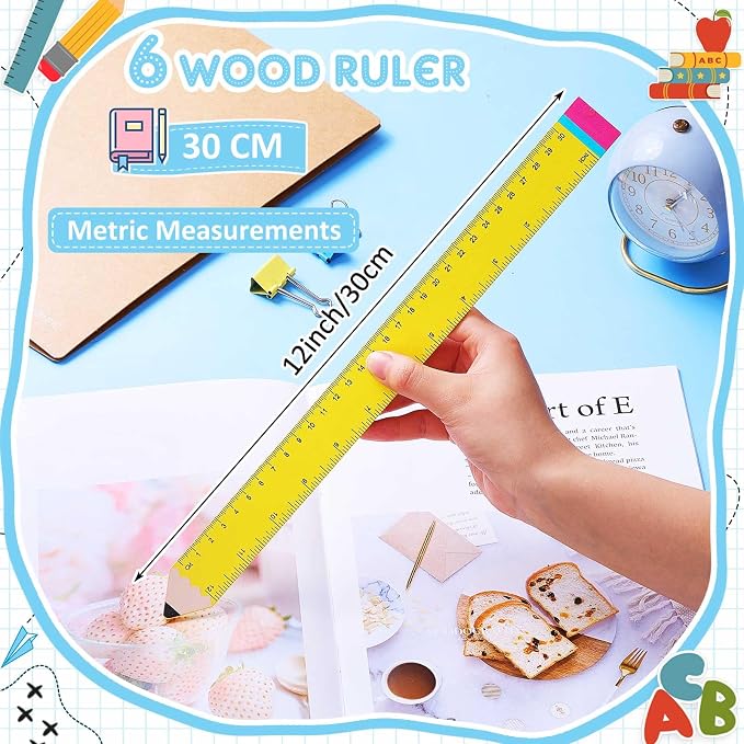 Affrolling 6 Pcs Pencil Shaped Wooden Rulers 12 Inch/30cm Measuring Standard 2 Scale Cute Pencil Rulers Gifts Bulk for Students Home Office