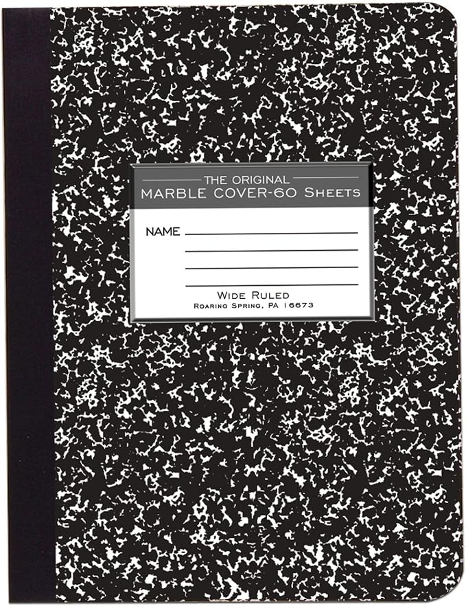 ROARING SPRING Hard Cover Composition Notebook, Black Marble Comp Book, 9.75″ x 7.5″, Wide-Ruled with Margin, 60 Sheets (120 Pages)