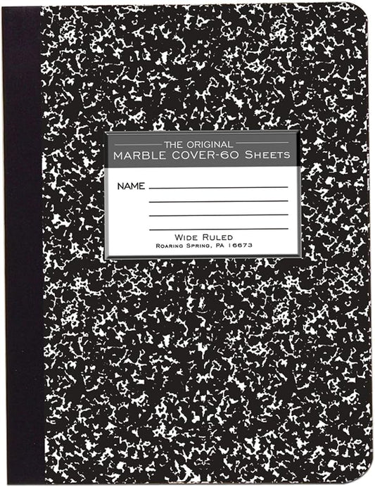 ROARING SPRING Hard Cover Composition Notebook, Black Marble Comp Book, 9.75″ x 7.5″, Wide-Ruled with Margin, 60 Sheets (120 Pages)