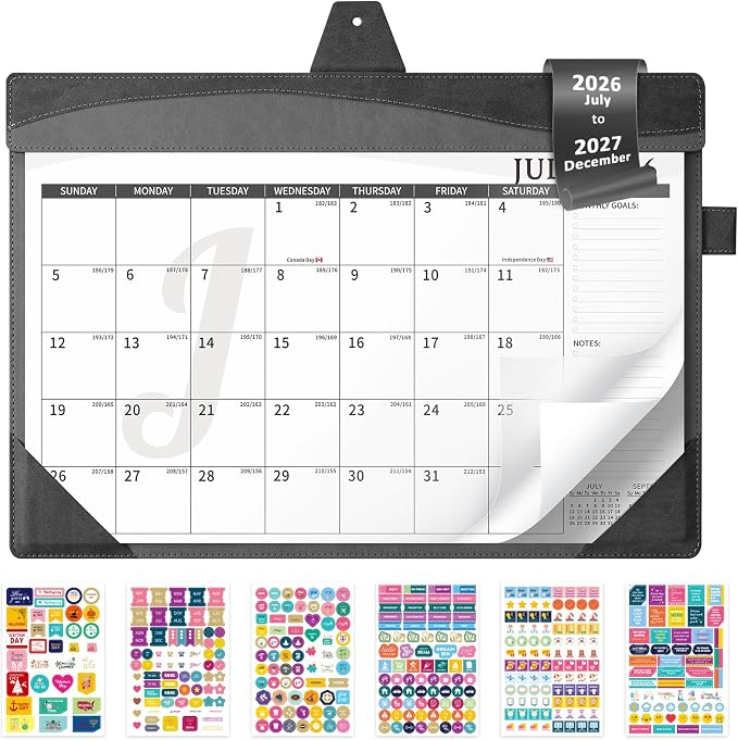 Ospelelf Leather Desk Calendar 2026-2027 Large 12"x17" Monthly Planner Pad with Protective Cover 18 Months Use July 2026 to December 2027 Black