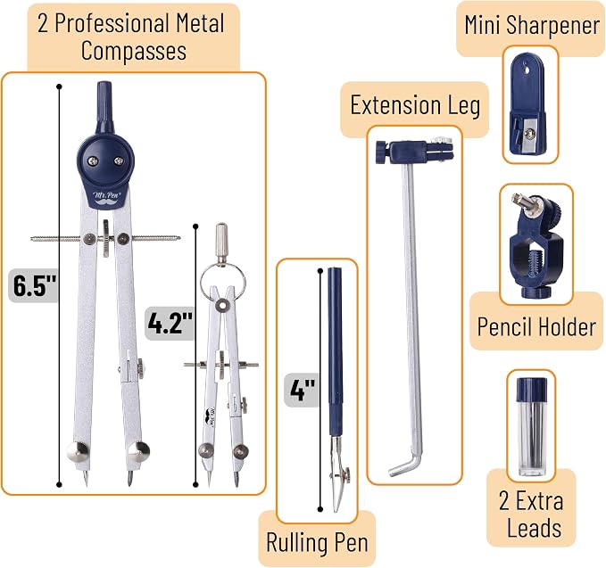 Mr. Pen- Professional Geometry Set, 7 pcs | Metal Compasses with Center Wheel & Extension Leg, Precision Drafting Kit with Storage Box for Geometry, Technical Drawing