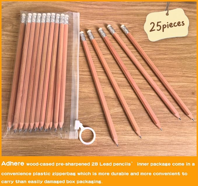 Adhere 25pcs Woodcase Pencils with Eraser Premium Pre-Sharpened Hexagon Graphite 2B pencils ideal for home, office writing including a Free Sharpener (Nature wood・25pcs)