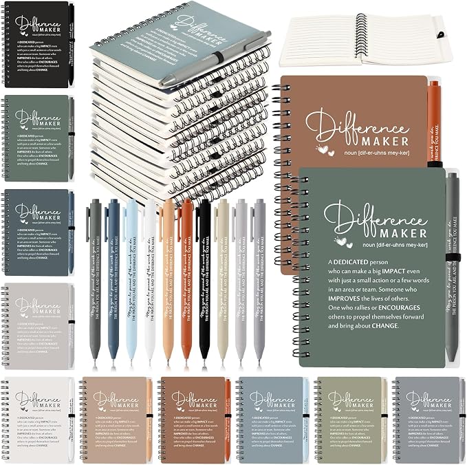 Resurhang 30 Sets Difference Maker Employee Appreciation Gift Bulk Inspirational A6 Spiral Notebook Journal Ballpoint Pens for Teacher Volunteer Coworker Team Back to School (Neutral Colors)