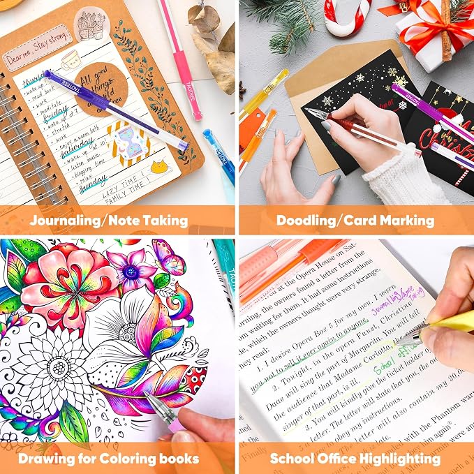 Taotree Glitter Gel Pens, 36 Colors Neon Glitter Pens, Colored Gel Markers | 40% More Ink Fine Point Art Markers Set for Adult Coloring Books, Drawing Art Supplies, School Journaling, Scrapbook Supplies