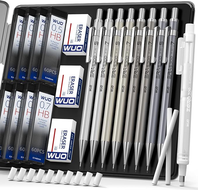 WUO 0.5&0.7mm Mechanical Pencil Set with Eraser Pen, 8PCS Metal Mechanical Pencils, 480 HB Lead Refills, 3PCS 4B Erasers, 10PCS Eraser Refills for Writing, Drafting, Drawing & Sketching