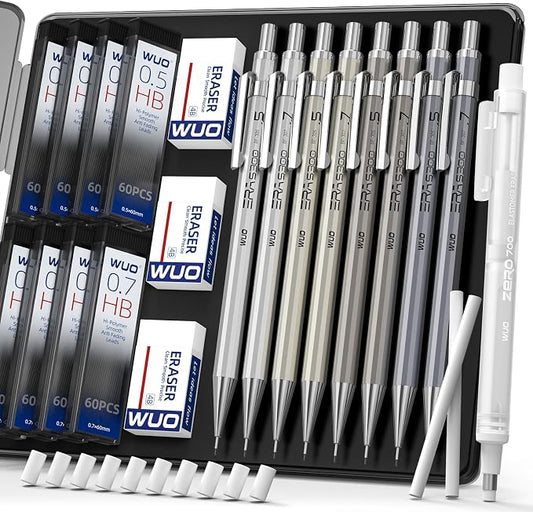 WUO 0.5&0.7mm Mechanical Pencil Set with Eraser Pen, 8PCS Metal Mechanical Pencils, 480 HB Lead Refills, 3PCS 4B Erasers, 10PCS Eraser Refills for Writing, Drafting, Drawing & Sketching