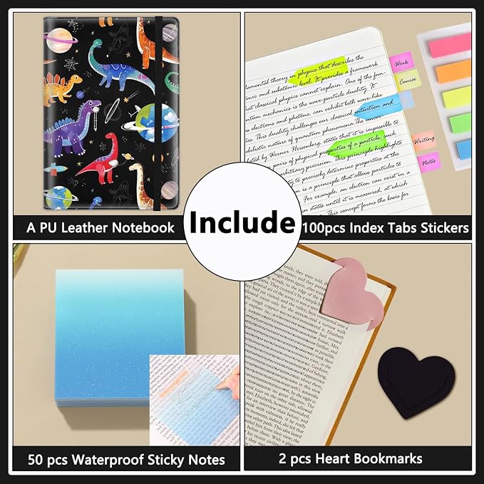 A5 Leather Lined Journal Notebook, 200 Pages Hardcover Executive Notebook for Men Women Office School Note Taking, Thick Writing Paper Daily Journal with Bookmarks/Indexes, Dinosaur Space Pattern