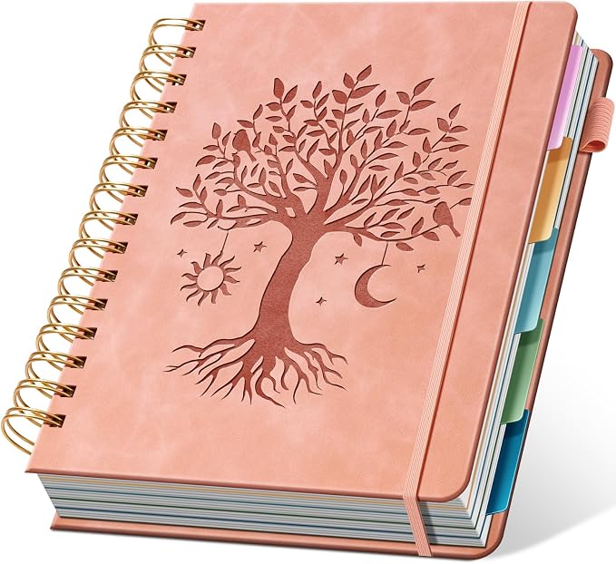 Ovesmusl Hardcover Spiral Notebook 6.1" x 8.4" with 5 Removable Dividers 300 Pages Leather 5 Subject Notebook College Ruled 100GSM Large Spiral Notebooks for Work Thick Lined Journal for Women, Pink