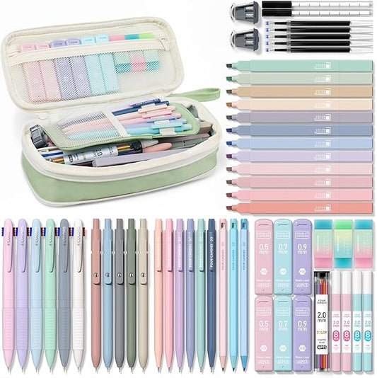 Four Candies 56 PCS School Supplies with Pencil Case, 6 Multicolor Pens, 12 Pastel Highlighters, 5 Gel Pens, 9 Mechanical Pencils for Student Back to School Stationery Set College Essentials (Green)