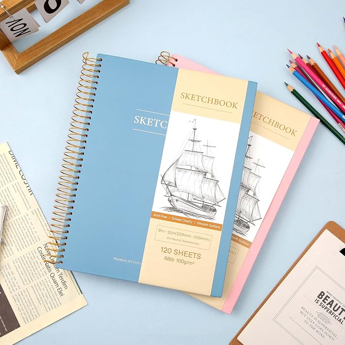 2 Pack Hardcover Sketchbook for Drawing 120 Sheets Spiral Bound 9 x 12 Sketch Pad Premium Art Sketchbook Artistic Drawing Painting Writing (68lb/100gsm) for Kids Adults Beginners Artists, Pink+Blue