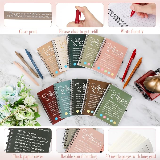 Resurhang 25 Sets Difference Maker Employee Appreciation Gift Bulk Inspirational A6 Spiral Notebook Journal Ballpoint Pens for Teacher Volunteer Coworker Team Back to School (Warm Colors)