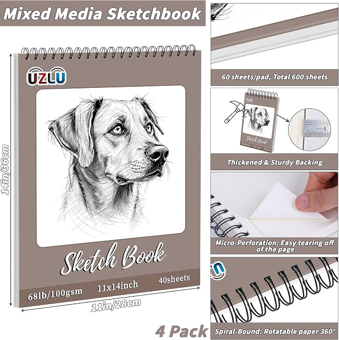 4 Pcs Sketch Books Bulk 11 x 14 in 160 Sheets Top Spiral Bound Sketch Pad Drawing Paper 40 Sheets Each Acid Free Mixed Media Sketchbook 68lb/100gsm Art Supplies for Beginner Artist