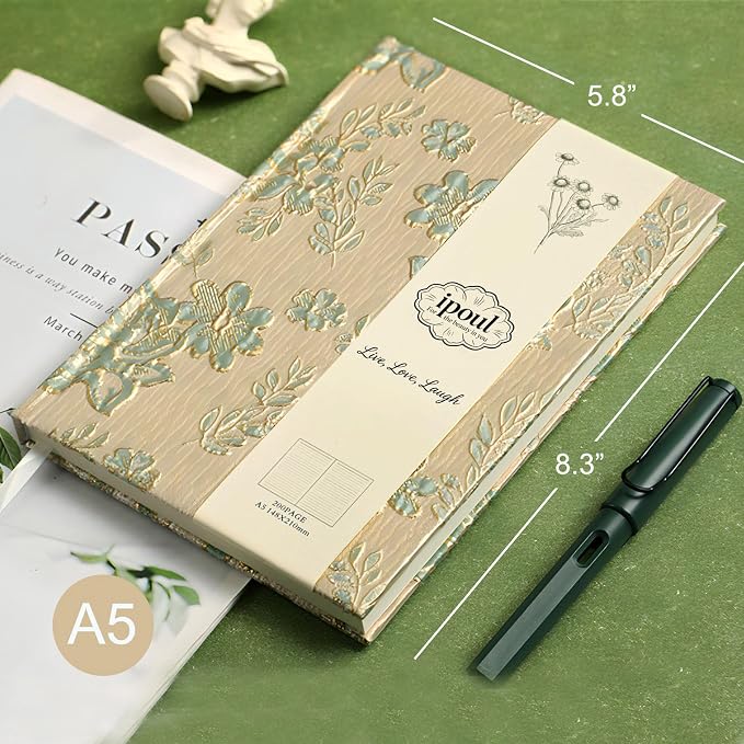 Flower Notebook, Hardcover, Lay Flat, A5, 6x8, Wide Ruled Pages, Writing Journal for Women, Pretty Notebook, Recipe Journal, Garden Journal, Gratitude Journal, Plum Blossom, Green