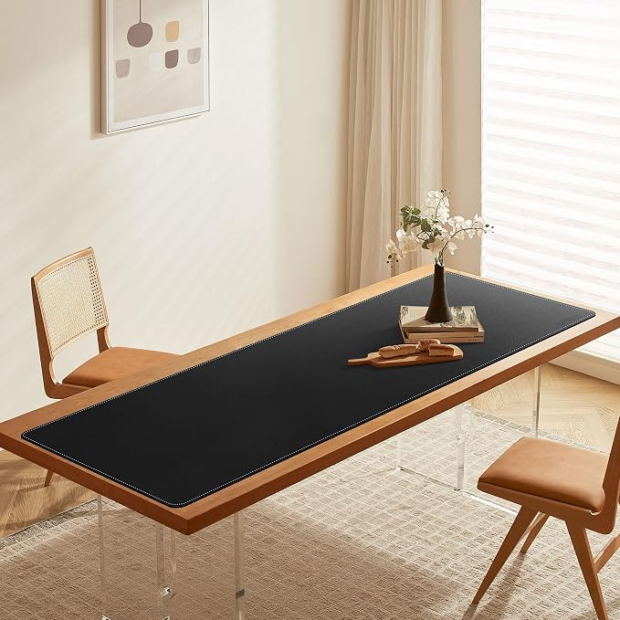 CENNBIE Leather Desk Mat Large, 63" x 19.6" Desk Pad Protector(Black) | Premium stitched edges resist wear. Easy to clean. Protects desk from spills, stains ,scratches. Smooth glide. Office & home.