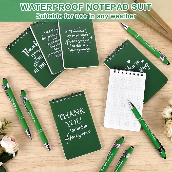 24 Pcs Thank You Waterproof Notebook Pen Set Inspirational Spiral Weatherproof Notepad with Motivational Pens All Weather Pocket Notepads Employee Appreciation Gifts Bulk for Teacher Coworkers Staff