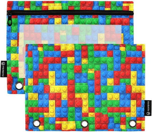 Gredecor 3 Ring Binder Pencil Pouch, Plastic Building Blocks-1 Zippered Pen Case Pouches with Clear Window, 2 Pack Stylish Office & School Supplie