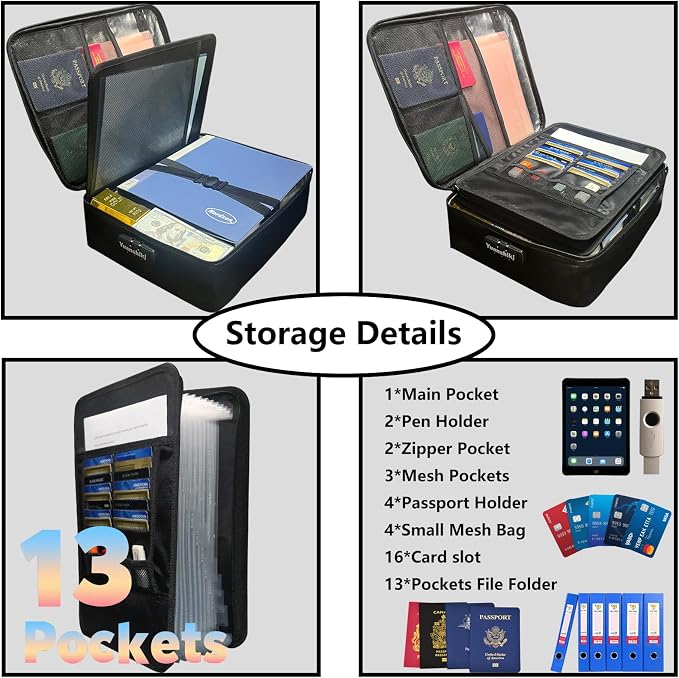 Yuanshikj Portable Fireproof Waterproof Document Organizer with Lock,Black | 3 digit Code,15.1"x11.2"x4.3",Heat Insulated Fire＆Water-Resistant Box 13 Layers File, Home Travel Safe Storage for Important