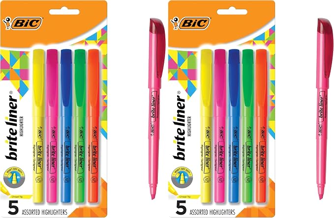 BIC Brite Liner Highlighters, Chisel Tip, 5-Count | Assorted Colors | Pack of 2