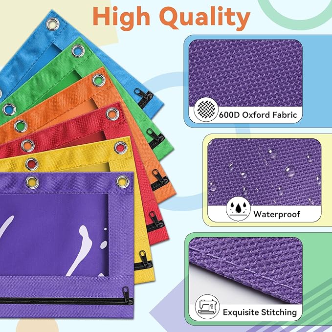 Pencil Pouch for 3 Ring Binder, Bulk 24 Pack 3-Holes Zipper Pencil Pouches in Assorted Colors, Sturdy and Durable Cloth Pencil Holder with Clear Window for Office School College Supplies