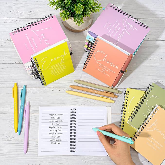 Kosiz 48 Sets Christian Gifts Bulk Christian Notebooks with Pens Inspirational Prayer Journals Bulk A6 Spiral Small Notepads for Women Men Church Members Bible Study Groups (Cute Color)