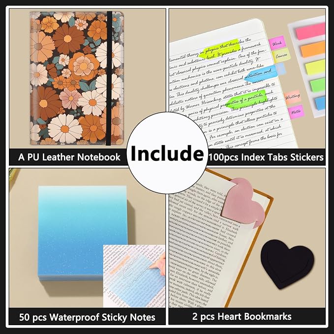 A5 Leather Lined Journal Notebook, 200 Pages Hardcover Executive Notebook for Men Women Office School Note Taking, Thick Writing Paper Daily Journal with Bookmarks/Indexes, Cute Flower Painting