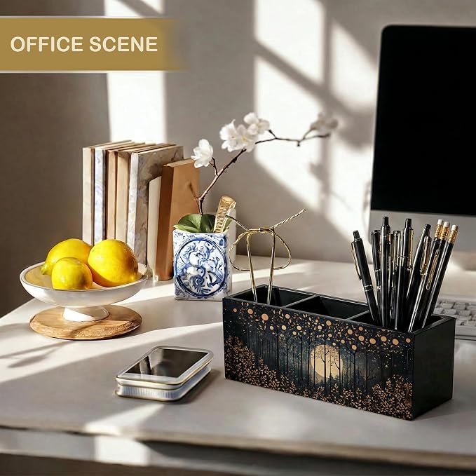 Rustic Gold William Morris Inspired Night Moon Forest Wooden Pencil Pen Holder for Desk Organizers and Accessories,Vintage Nature Botanical Makeup Brush Holder Organizer for Bathroom Vanity
