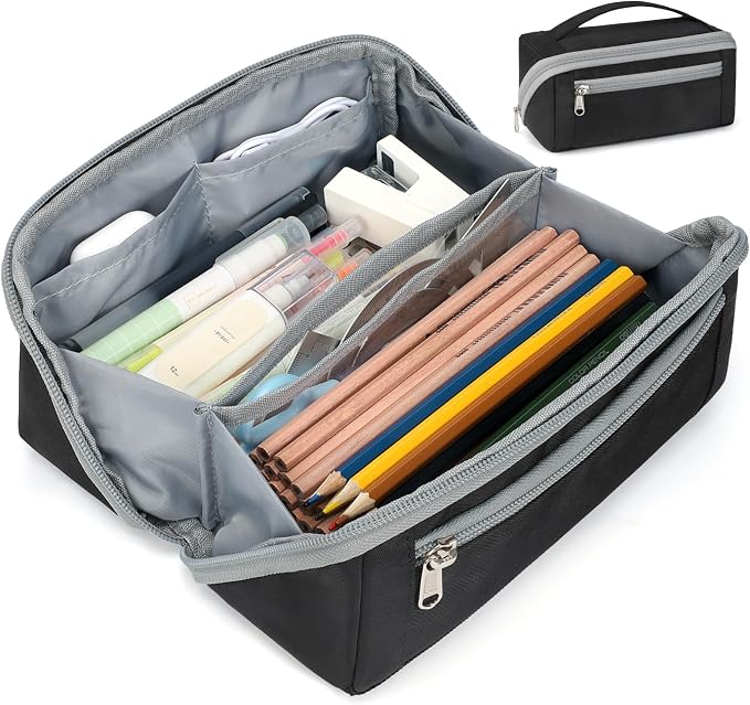 Large Capacity Pencil Case - Pencil Pouch for Teen Boys, Aesthetic Pouch Organizer with 8 Compartments, Wide Opening Marker Bag for Middle High School College, Fits Calculator, Black | Wide Open 8 Compartments, Flexible Dividers & Side Pockets, Handle,...