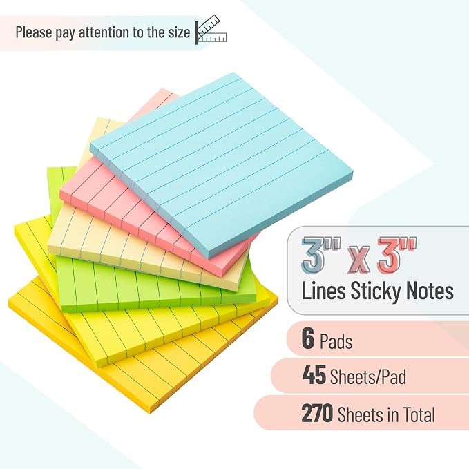 Mr. Pen- Lined Sticky Notes, 3" x 3", 6 Pads, 45 Sheets/Pad | Sticky Notes with Lines, Ruled Post Stickies, Memo Pads, Self-Stick Note Pad for Office, School, Home, Study & Organization