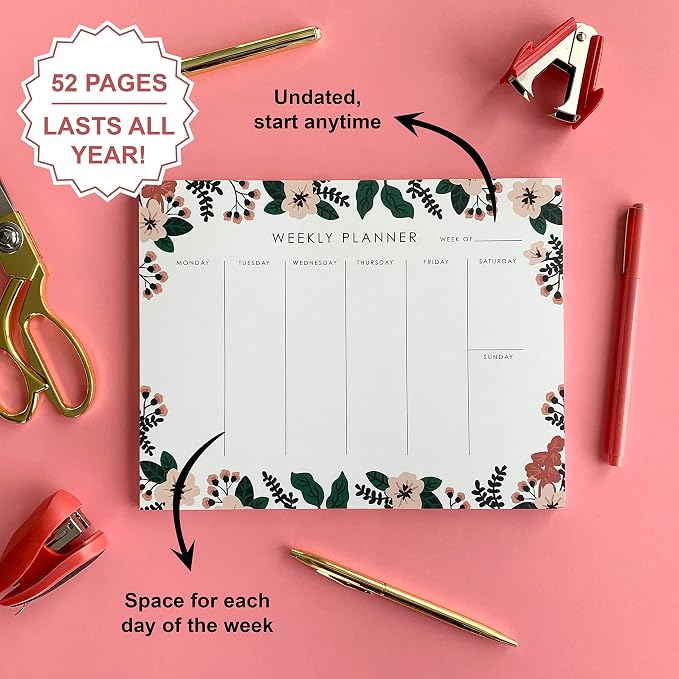 Weekly Planner 9 x 7, Productivity Planner for Goals & To-Do Lists | 52 Undated Tear-Off Sheets for To Do List, Goals, Priorities, Notes, Appointments, Planning Notebook for Work, School & Home