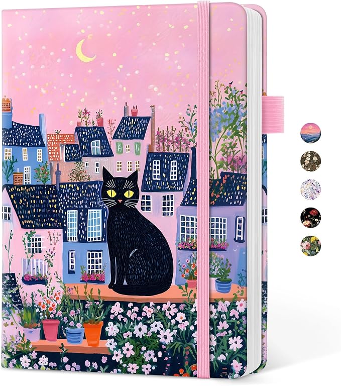 Taja Aesthetic Lined Journal for Women, Pretty 6" x 8" Notebook for Work & Note with 160 College Ruled Pages, Hardcover Leather Notebook for Journaling, Note Taking, Bible Study, Moonlit Cat