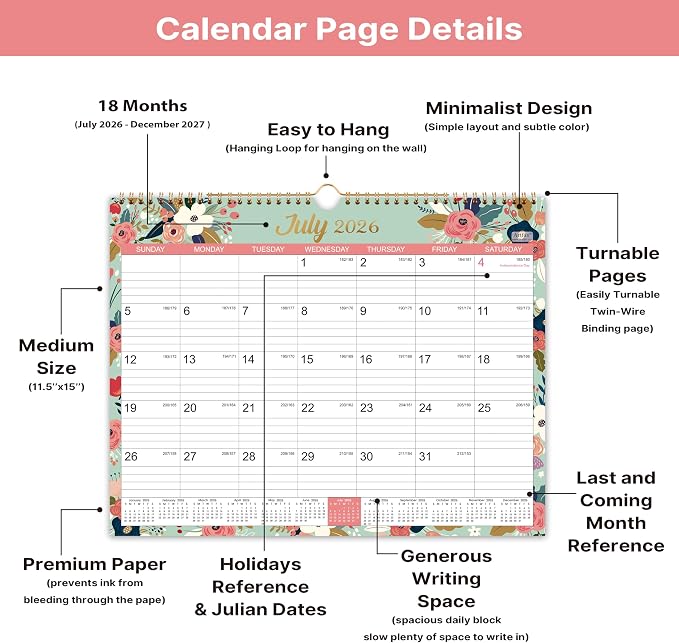 Calendar 2026-2027 - Wall Calendar 2026-2027, Jul.2026 - Dec.2027, 26-27 Wall Calendar 18 Month, 15" x 11.5", Twin-Wire Binding, Julian Dates, Large Block, Notes, To-do List, Thick Paper, Perfect for Organizing - Floral