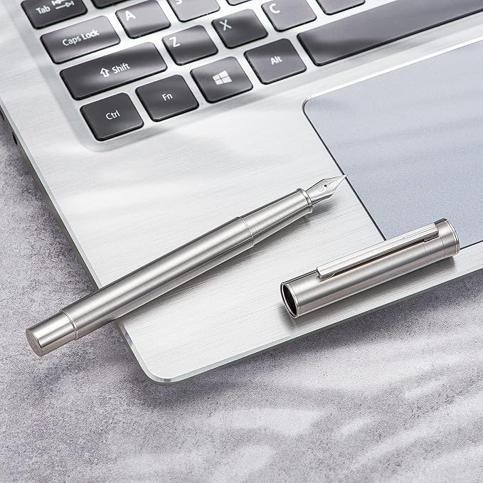 Hongdian 1861 Stainless Steel Fountain Pen Extra Fine Nib, Classic Design Smooth Writing Pen with Converter and Metal Pen Case Set