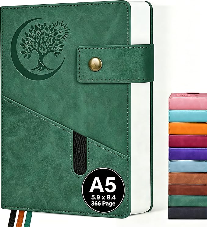 PAIBAS A5 Journal Notebook College Ruled 366 Pages Leather Journal for Men | Medium notebook A5 journal with 100gsm lined notebook paper, 3 ribbon bookmarks, cover pocket & brass snap button 5.9"x8.4"