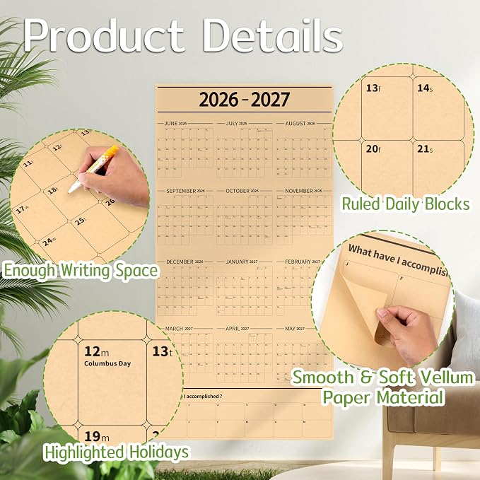 GuassLee Large Yearly Wall Calendar 2026-2027, Full Year Calendar One Page, Jun 2026- May -2027, Annual Wall Calendar 2027, 24"X 48" 12-Month Calendar Wall with Stickers