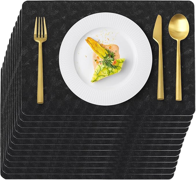 Black Plastic Placemats Set of 12,Faux Leather Waterproof Table Mats | Black Vinyl placemats, Wipeable and heat resistant table mats.Easy to clean,great for indoor and outdoor