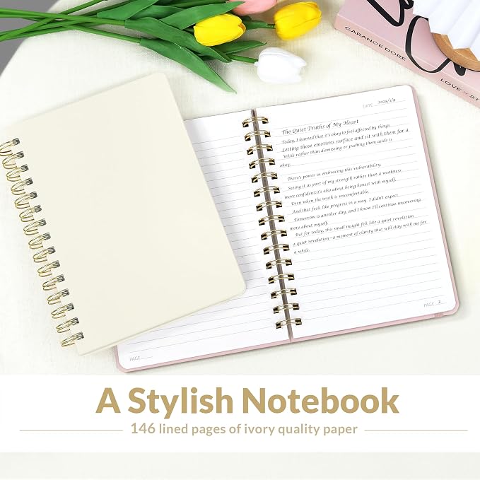 SUNEE Lined Spiral Journal Notebook for Women, 146 Pages College Ruled Hardcover Journaling Notebook for Work, Note Taking and Office School Supplies, A5 - Beige