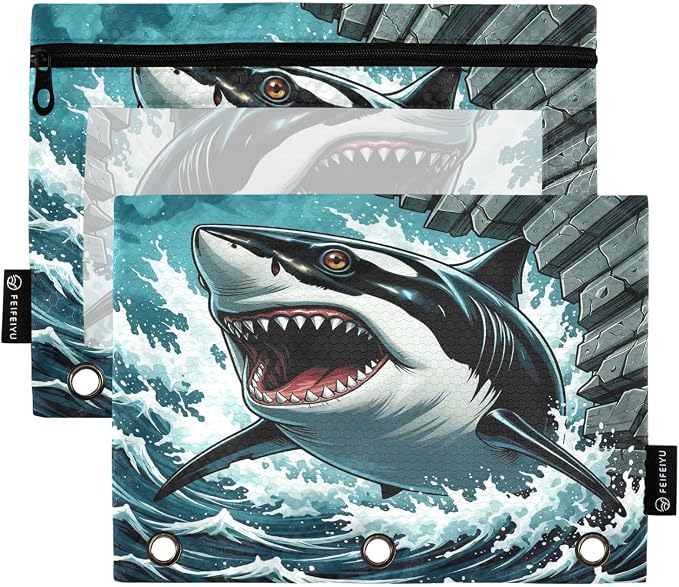 Gredecor 3 Ring Binder Pencil Pouch, Comic White Shark Zippered Pen Case Pouches with Clear Window, 2 Pack Stylish Office & School Supplie