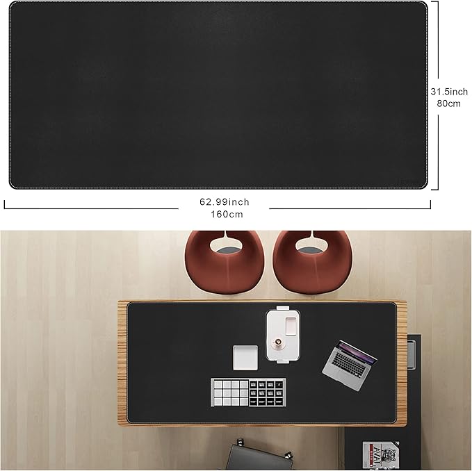 CENNBIE Leather Desk Mat, 63" x 31.4" Large Desk Pad Protector (Black) | Premium stitched edges resist wear. Easy to clean. Protects desk from spills, stains & scratches. Smooth glide. Office & home