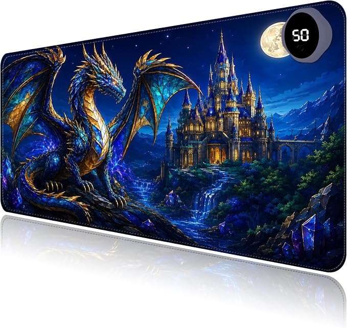 Large Heated Mouse Pad–31.5" x 13" Desk Mat for Office | 3 Adjustable Heat Levels,Auto Shut-Off After 3 Hours for Safety,Keeps Hands Warm While Working，Castle Dragon