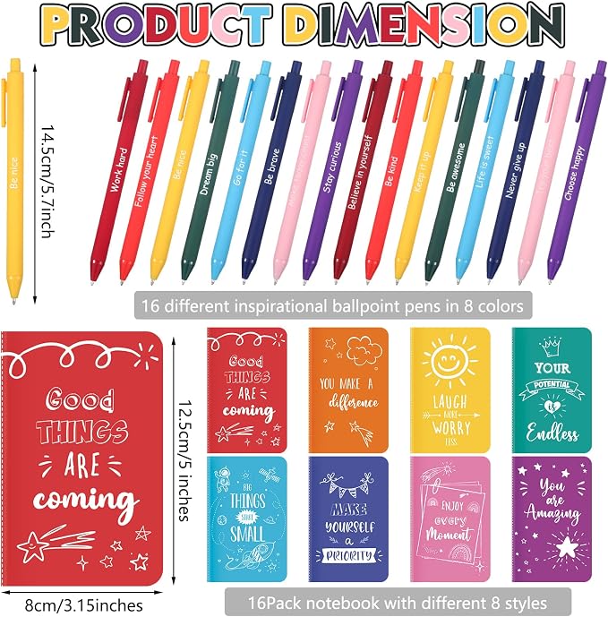 Funrous 32 Pcs Motivational Quote Pens Inspirational Notepads Mini Journal with Ballpoint Pen Small Notebooks Gift for Men Women Coworker Adult Party Favors Prize Teacher Student Office(Minimalistic)