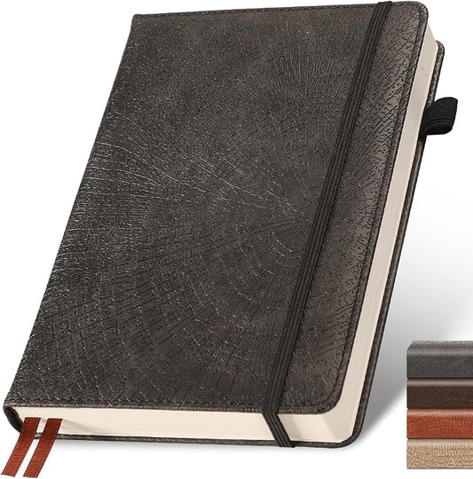Lined Journal Notebook,256 Pages,A5 Size (5.7'' x 8.3''),Vintage Tree Growth Rings Leather Hardcover Journal,100 GSM Thick Paper,for Daily,Work,School,Note Taking((Black)