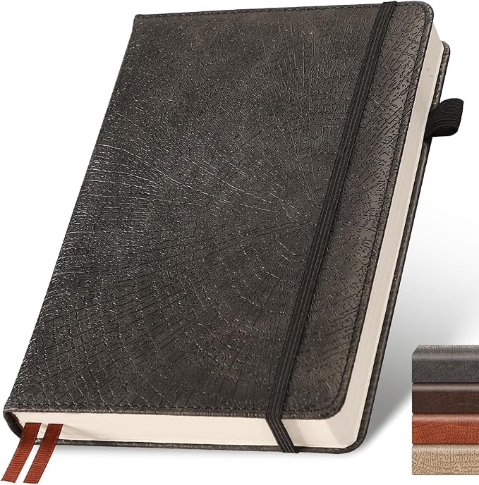 Graph Grid Paper Notebook,256 Pages,A5 Size (5.7'' x 8.3''),Vintage Tree Growth Rings Leather Hardcover Journal,100 GSM Thick Paper,for Daily,Work,School,Note Taking(Black)