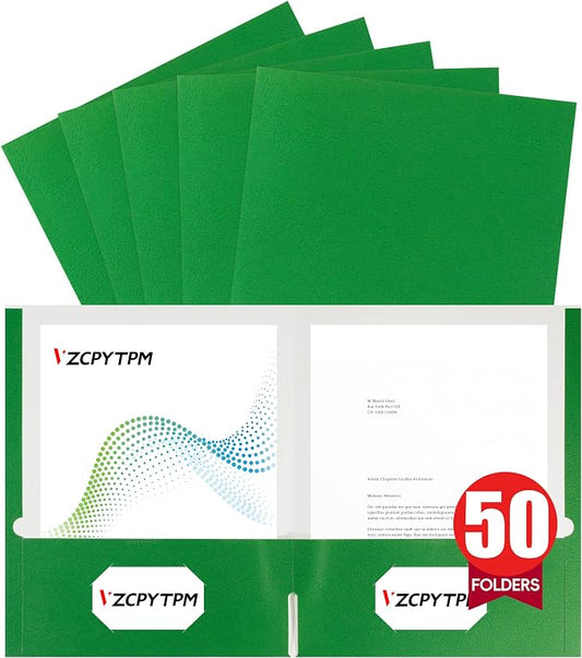 VZCPYTPM 50 Pack Green Folders with Pockets,2 Pocket File Folders for Letter Size (8.5 x 11 Inch),Professional Design with Business Card Slot for Office and School Organization
