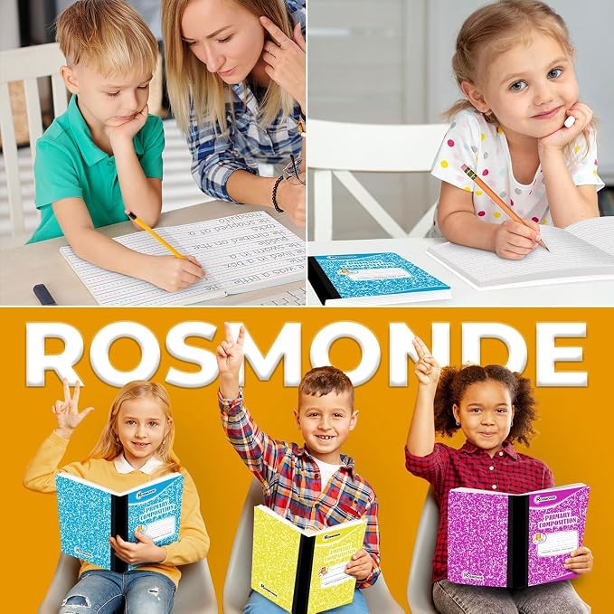 Rosmonde Primary Composition Notebooks, 5 Pack, Writing Dotted Lined | Composition Notebooks Primary Ruled, 200 Pages (100 Sheets), Grades K-2 Writing Workbook, 9-3/4" x 7-1/2", Assorted Marble