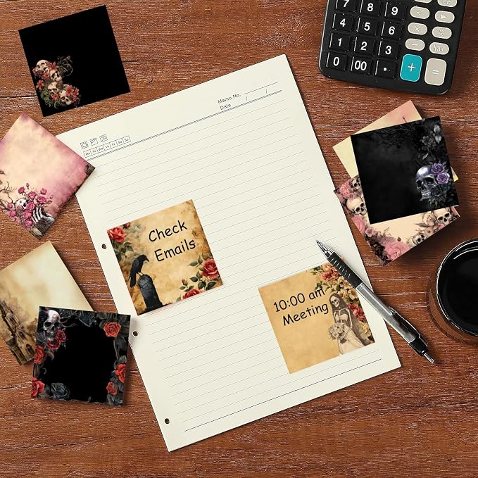 9 Pads Gothic Sticky Notes Set, Black Self-Stick Notepads, Super Adhesive Memo Pads Note Card, Halloween Office Decor Gifts, Desk Accessories for Students, Teacher and School Supplies, 3x3in