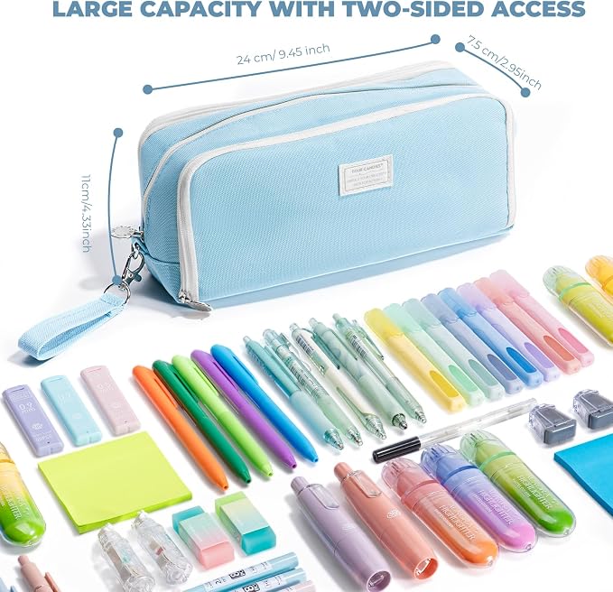 Four Candies Blue Pencil Case 3 Compartment Pouch, Large Pencil Pouch for School, Girls, Teen Boys, Women, Blue, Removable Handle & Zipper, Cute Pencil Bag for Office, College