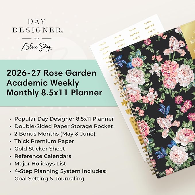 Blue Sky 2026-2027 Weekly & Monthly Academic Planner, 8.5"x11", Rose Garden | July 2026 - June 2027, Flexible Cover, Laminated Tabs, Storage Pocket, Stickers, Academic Year, Day Designer