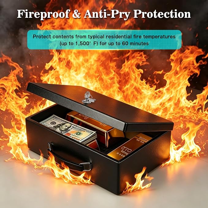 xydled Fire Resistant Safe Fire Safe Box with Key Lock for Home Office Security Storage for Valuables Documents,12.8 x 8.5 x 4.5 Inch,Black